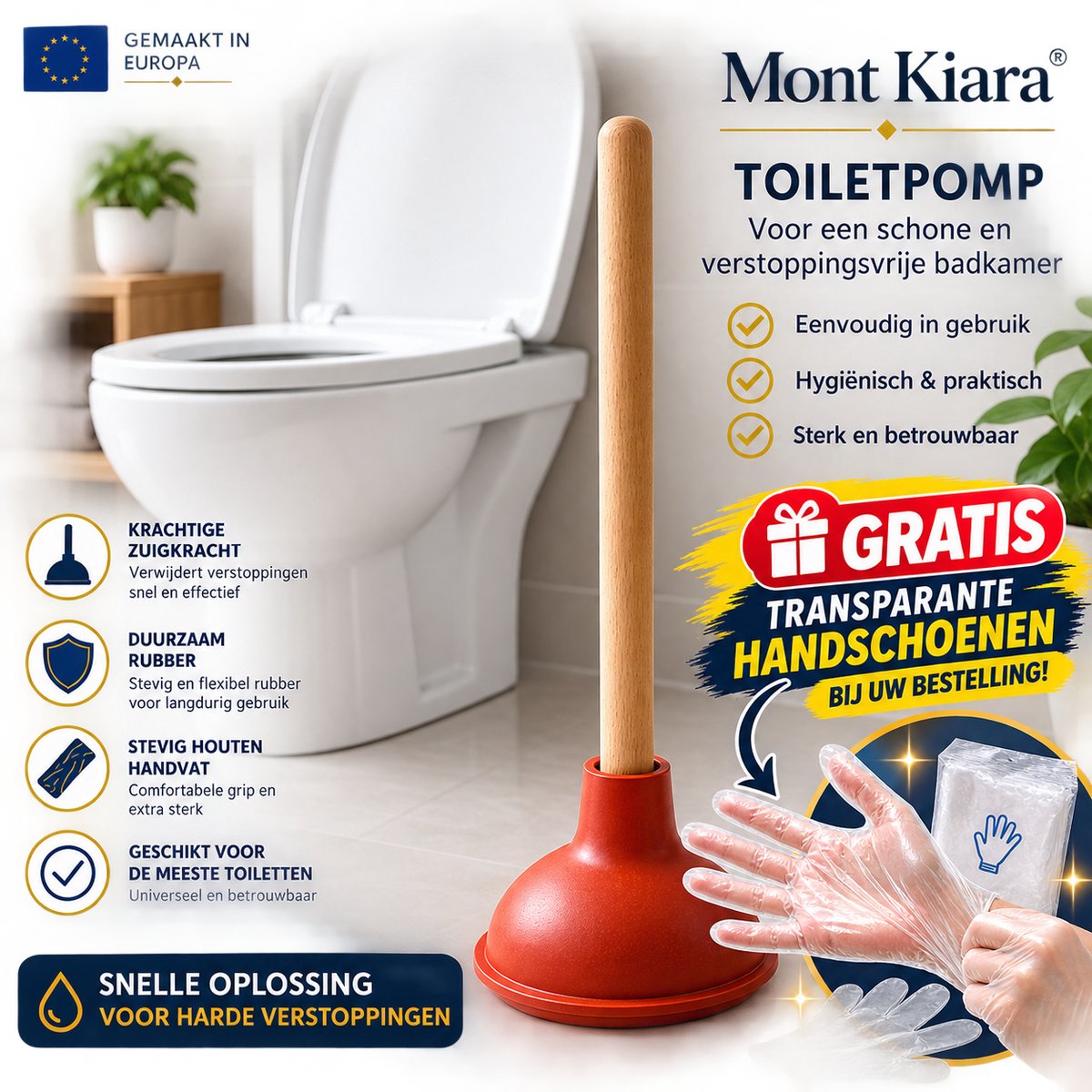 Mont Kiara Toiletpomp met Houten Handvat – Krachtige Ontstopper voor Toilet & Afvoer – Stevige Rubberen Plopper – Universeel – Inclusief Gratis Transparante Handschoenen