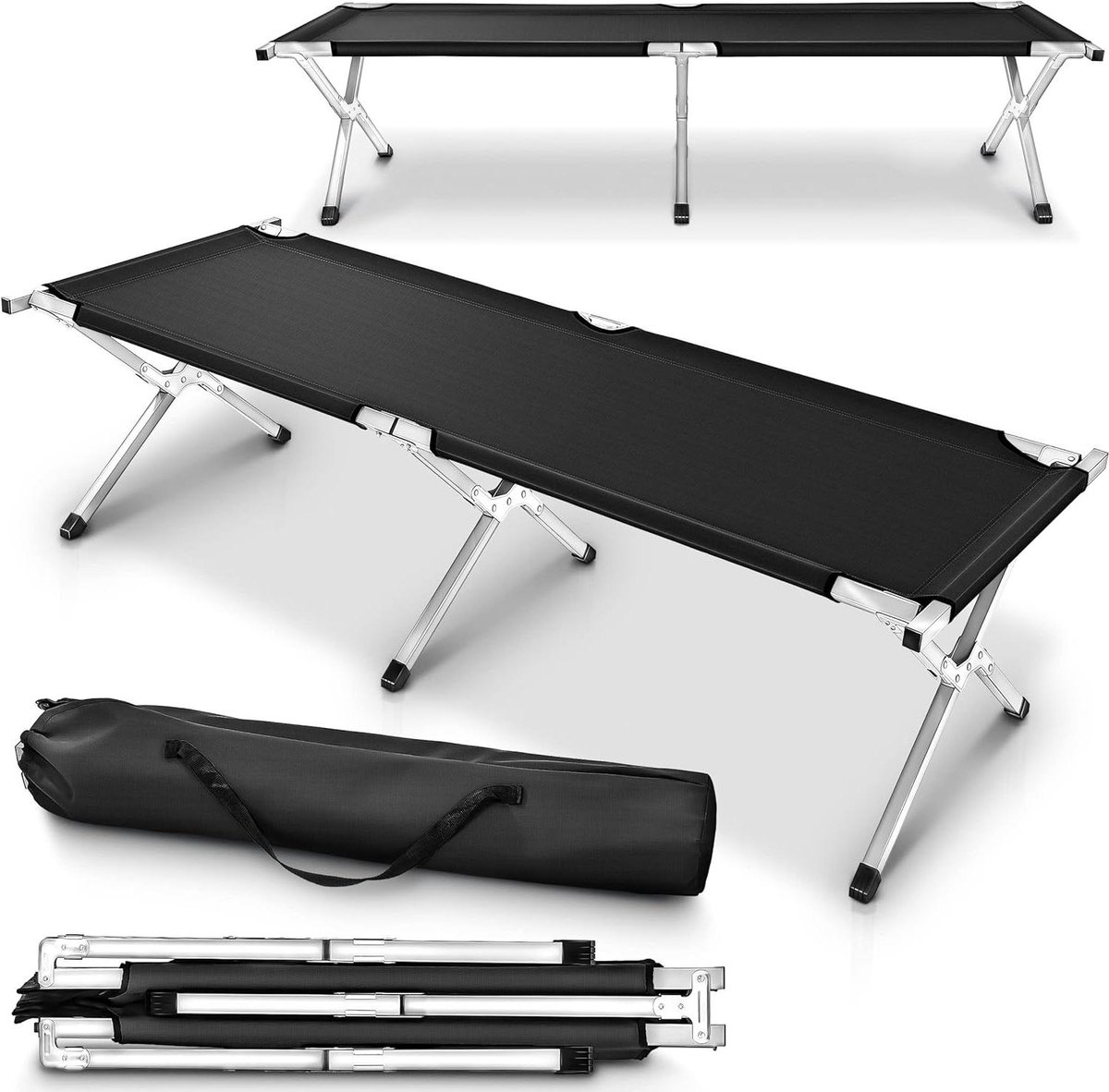 XXL campingbed - Veldbed ligbed - Outdoor ontspanning - Robuuste metalen constructie - 210 x 90 cm - Zwart