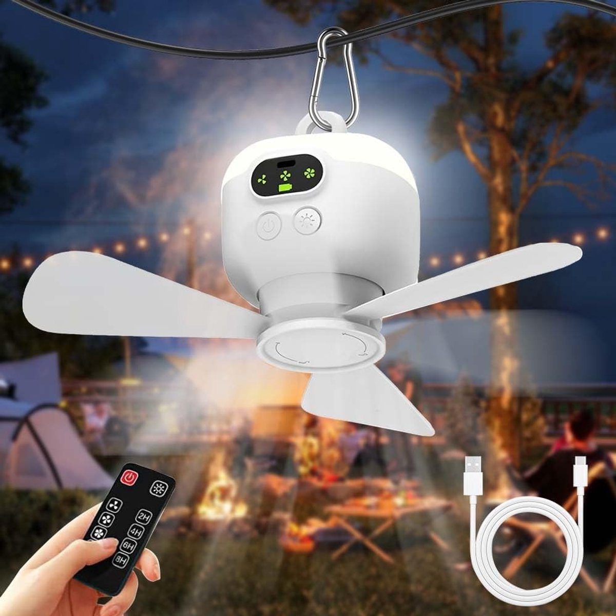 Plafondventilator met verlichting - Wit - Oplaadbare Ventilator met Afstandsbediening en Timer - Voor Camping en Buitengebruik