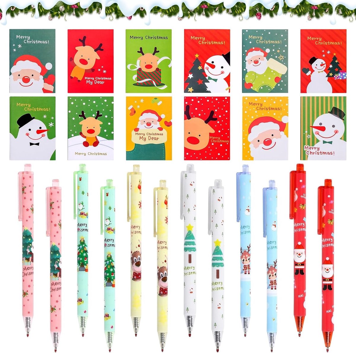 Set van 24 Kerststationery, Kerst Notitieblok en Balpen, Leuk Kerstpapier voor Kinderen, Perfect voor Verjaardagscadeaus en Creatieve Activiteiten