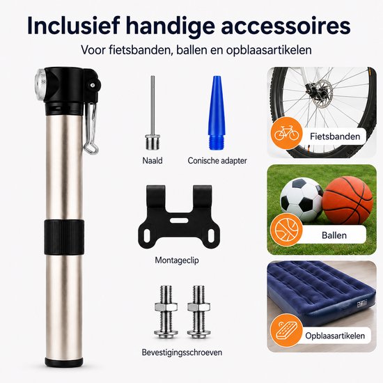 Mini Fietspomp Aluminium 120 PSI - Compacte Handpomp met Montageclip - Lichtgewicht Fiets Pomp voor Racefiets MTB en E-bike - Zilver — afbeelding 4