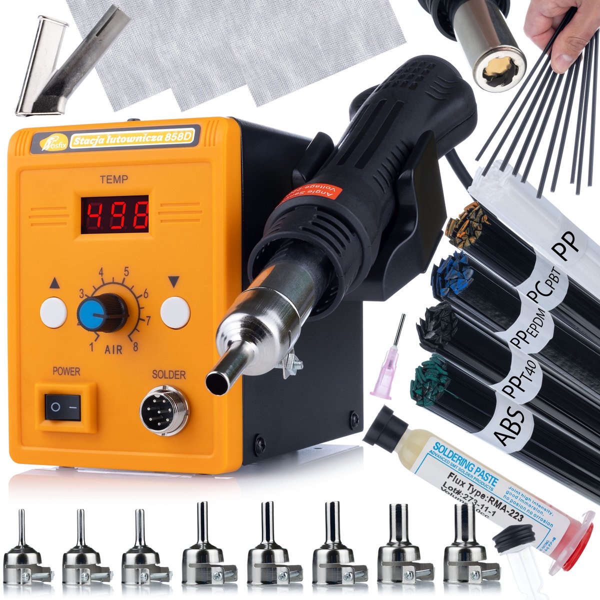 Rosfix Hot-Air Soldeerstation 858D Set - 700W - 100–500°C, 8 Spuitmonden, Flux, Kunststoflasdraad