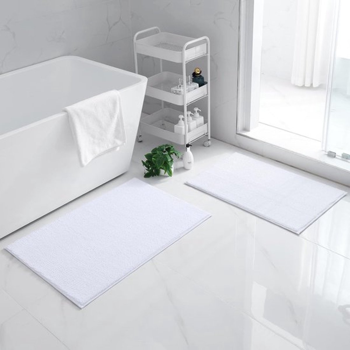 SnelShoppen - Chenille Badmat Set 2-Piece Antislip Badmat Set Zacht Absorberend Bad Tapijt Wasbaar - 40x60cm + 50x80cm, Wit