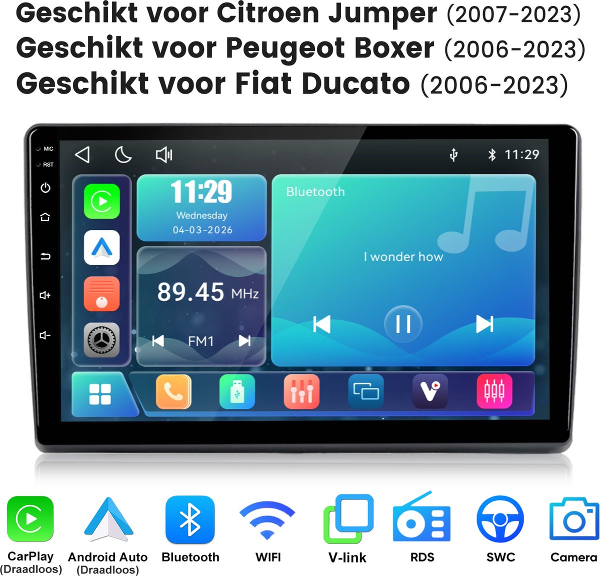 Junsun lINUX Draadloos Carplay & Andriod Auto Geschikt voor Fiat Ducato Citroen Jumper Peugeot Boxer - 9 Inch TouchScreen - Bluetooth - GPS - WiFi -FM - RDS- Airplay - Stuurwiel Bediening - DSP