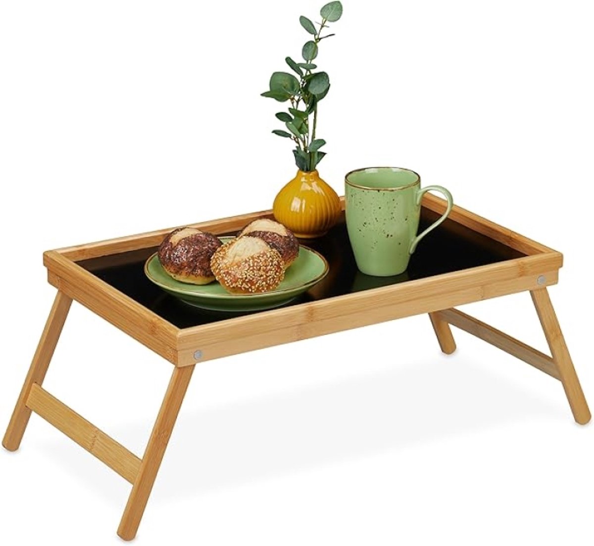 Inklapbare Bedtafel met Dienblad – Bamboe en MDF – Ontbijt op Bed – Natuur/Zwart – 23 x 61,5 x 31 cm