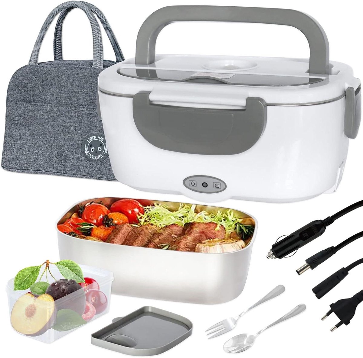 Elektrische Lunchbox - Voedselverwarmer Broodtrommel - Onderweg Eten - Met Bestekvak - 15 Liter - Grijs