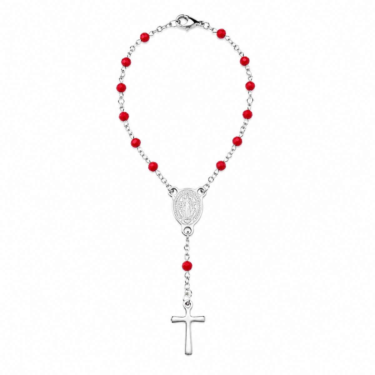 Korte rozenkrans tientje armband of autospiegelhanger zilverkleurig met kleine rode kristal kraaltjes met slotje