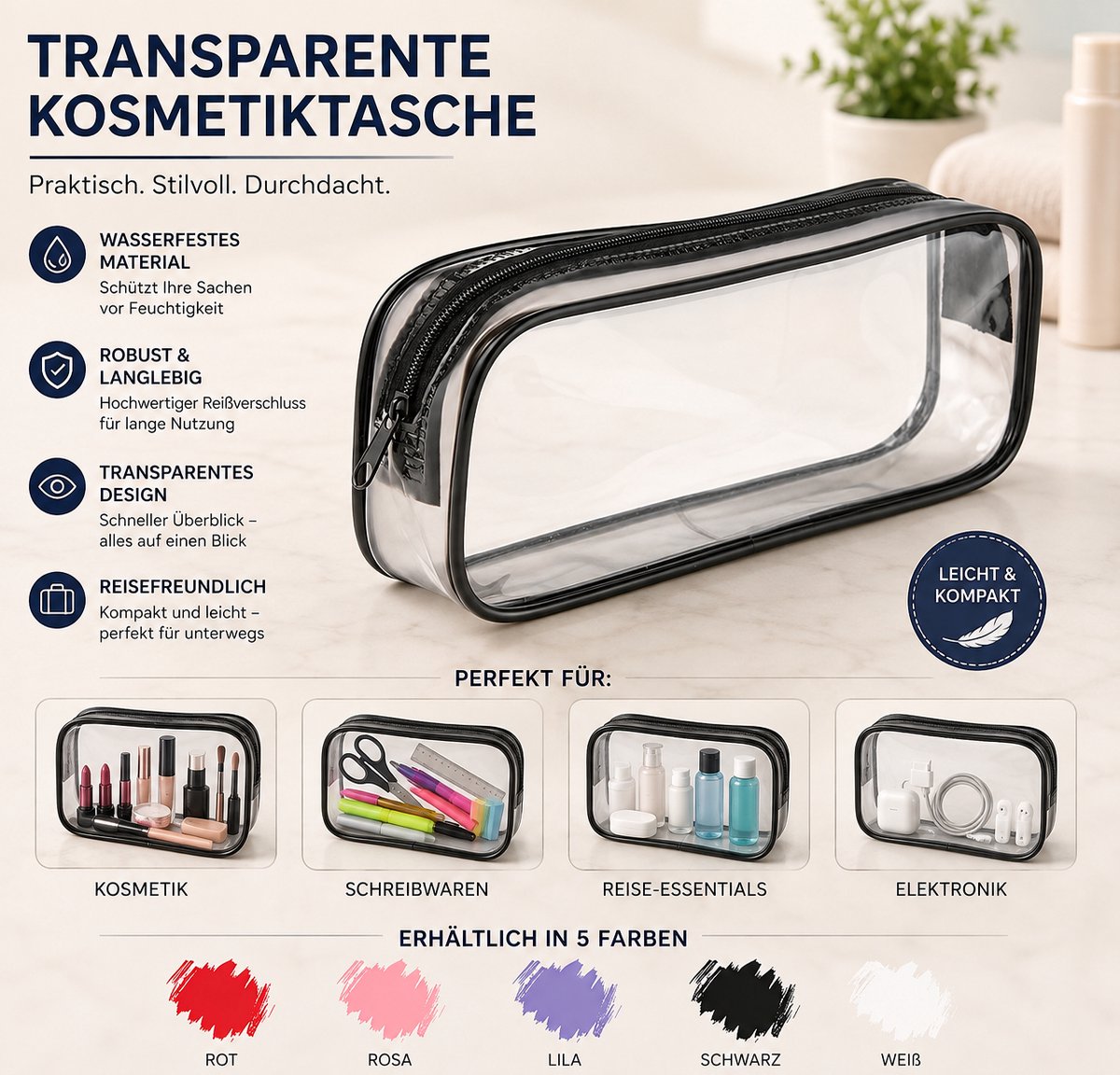 Transparant etui voor studenten, hoogwaardig en duurzaam waterdicht pvc-materiaal schrijfwarenetui