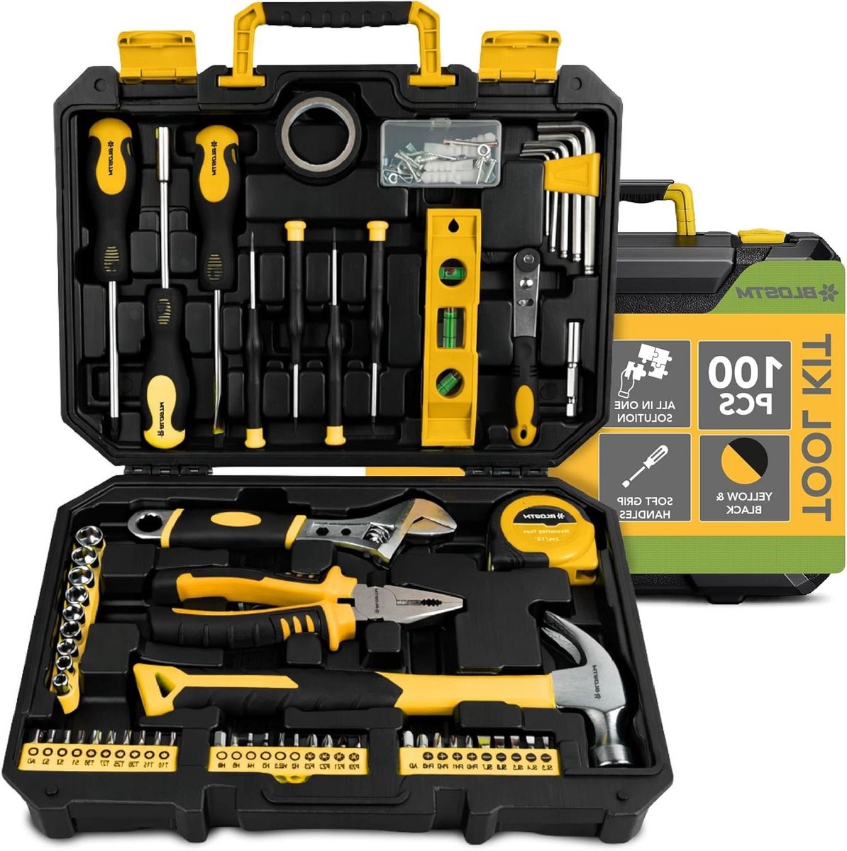 Gereedschapsset 100 Delen - Handgereedschap Kit - Huishoudelijke Reparaties - Inclusief Hamer Tang - 100 Stuks - Geel/Zwart