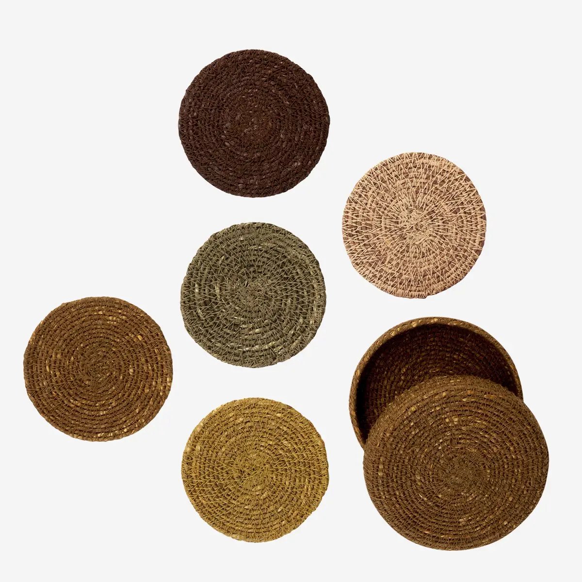Madam Stoltz - Onderzetters Zeegras in Houder – Set van 5 Warme Kleuren – Ø 12 cm