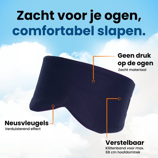 Masque de sommeil bleu foncé avec fermeture velcro réglable. "Doux pour vos yeux, dormez confortablement."