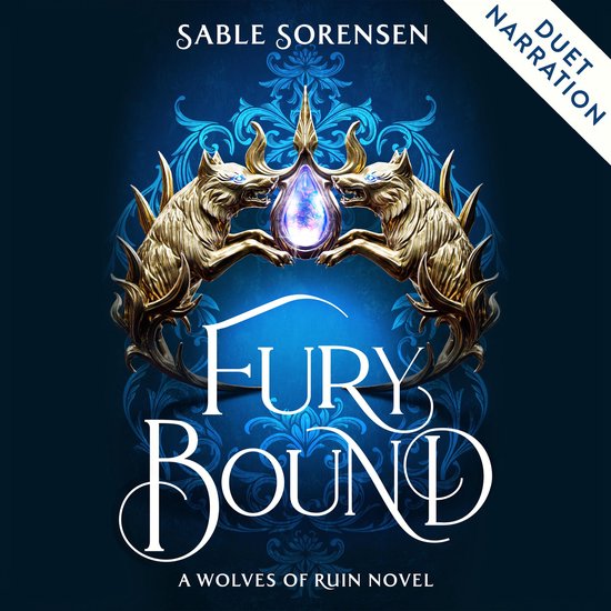 Boekcover 'Fury Bound' met gouden wolven en een edelsteen.