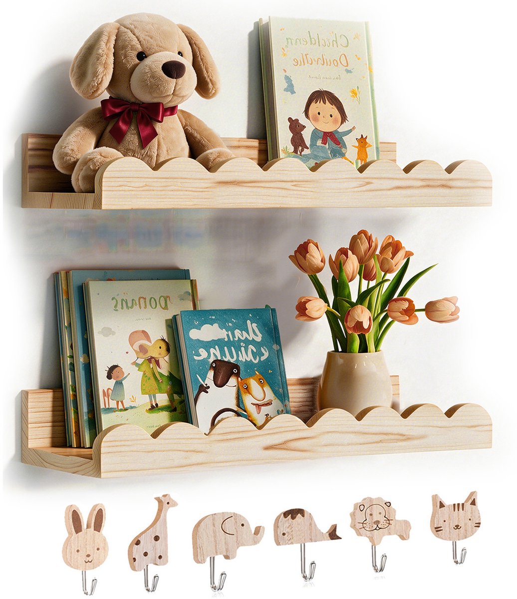 2 stuks Zwevende Wandplank met 6 dierenhaken - 42 cm - Houten boekenplank kinderkamer - Golvende rand wandplanken - Boekenplanken voor slaapkamer, babykamer en kinderkamer