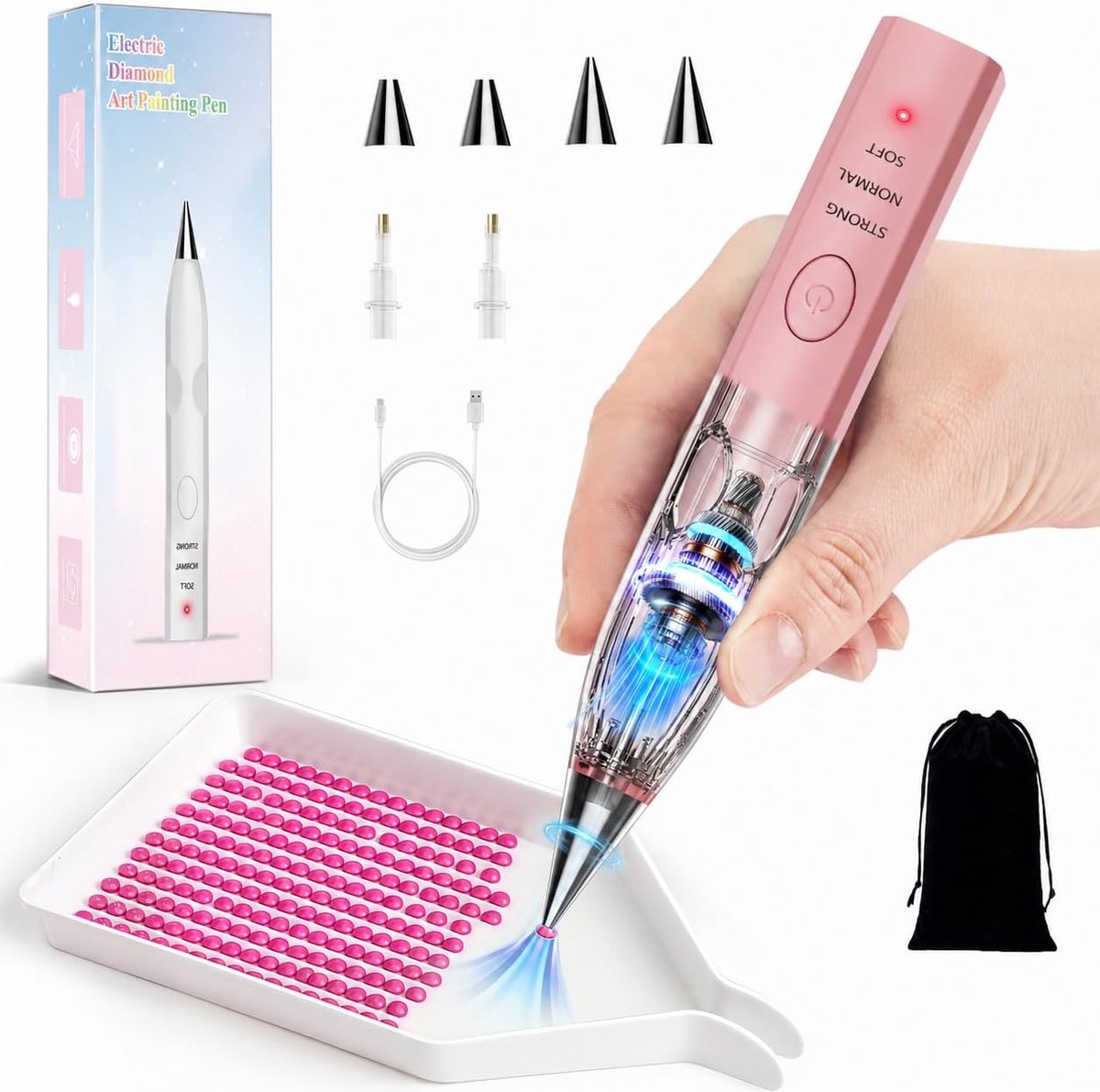Elektrische Diamond Painting Pen met Vacuümtechniek - Zonder Wax - USB-C Oplaadbaar & Draadloze - 3 Standen & 4 Zuigmonden - 5 Uur Accu - Voor Ronde en Vierkante Steentjes - Roze - SOLLBRY®