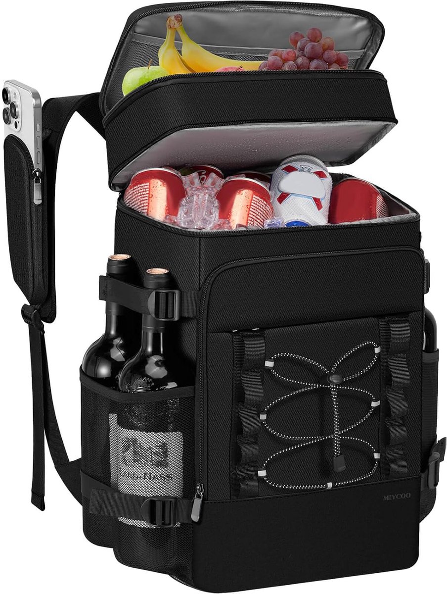 BOTC Koelrugzak 28L - Geïsoleerde Koeltas Rugzak met 2 Compartimenten - Lekbestendig - Voor Strand, Picknick, Camping & BBQ - Zwart