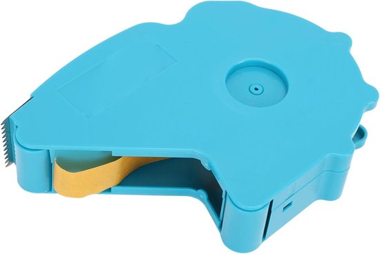 Blauwe tapemachine in driekwart aanzicht, tonend het ergonomische ontwerp en gele tape.