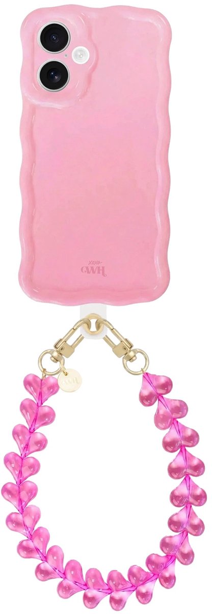 xoxo Wildhearts Glossy Wavy Case Bubble Blush - Funky Hearts - geschikt voor iPhone 16 Plus - hoesje met telefoonkoord - afneembaar harten koord - hartjesketting - kort telefoonkoord - hoesje met golven - Roze