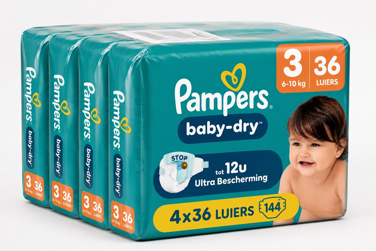 Pampers Baby-Dry Maat 3 Midi – 6-10 kg – 4 x 36 Luiers – 144 Stuks – Voordeelverpakking