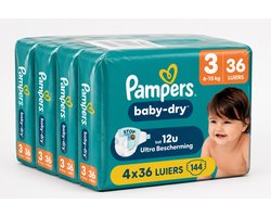 Pampers Baby-Dry Maat 3 Midi – 6-10 kg – 4 x 36 Luiers – 144 Stuks – Voordeelverpakking