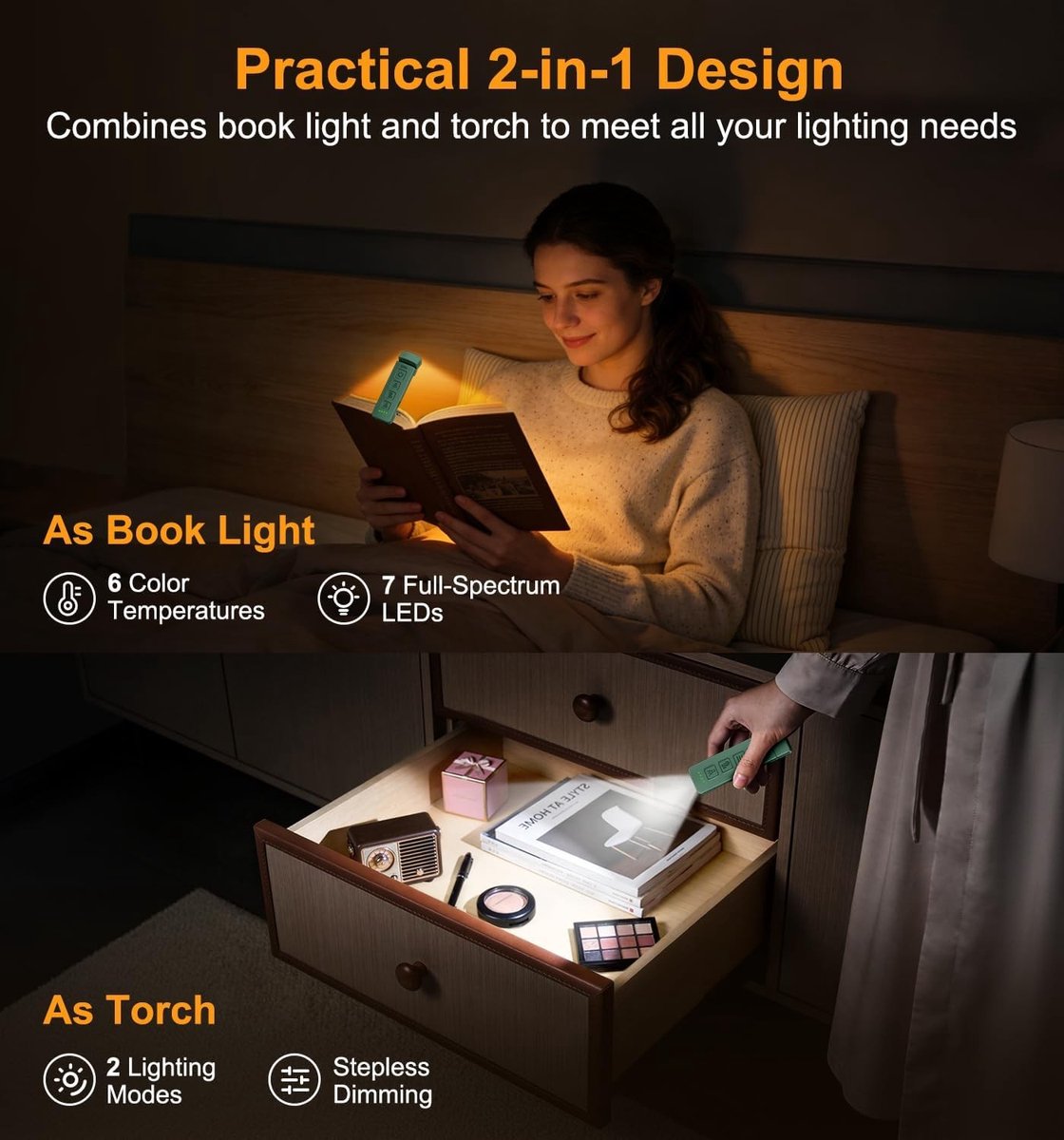Leeslampje voor boek - Donkergroen - Oplaadbaar 2-in-1 met Boekklem en Zaklamp - Full-Spectrum LED - Voor Lezen in Bed
