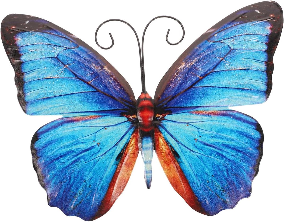 Metalen Vlinder Wanddecoratie - IJzeren Muurdecoratie Vlinder - Huis Verfraaien - Handgemaakt Smeedijzer - 25x18.5cm - Blauw