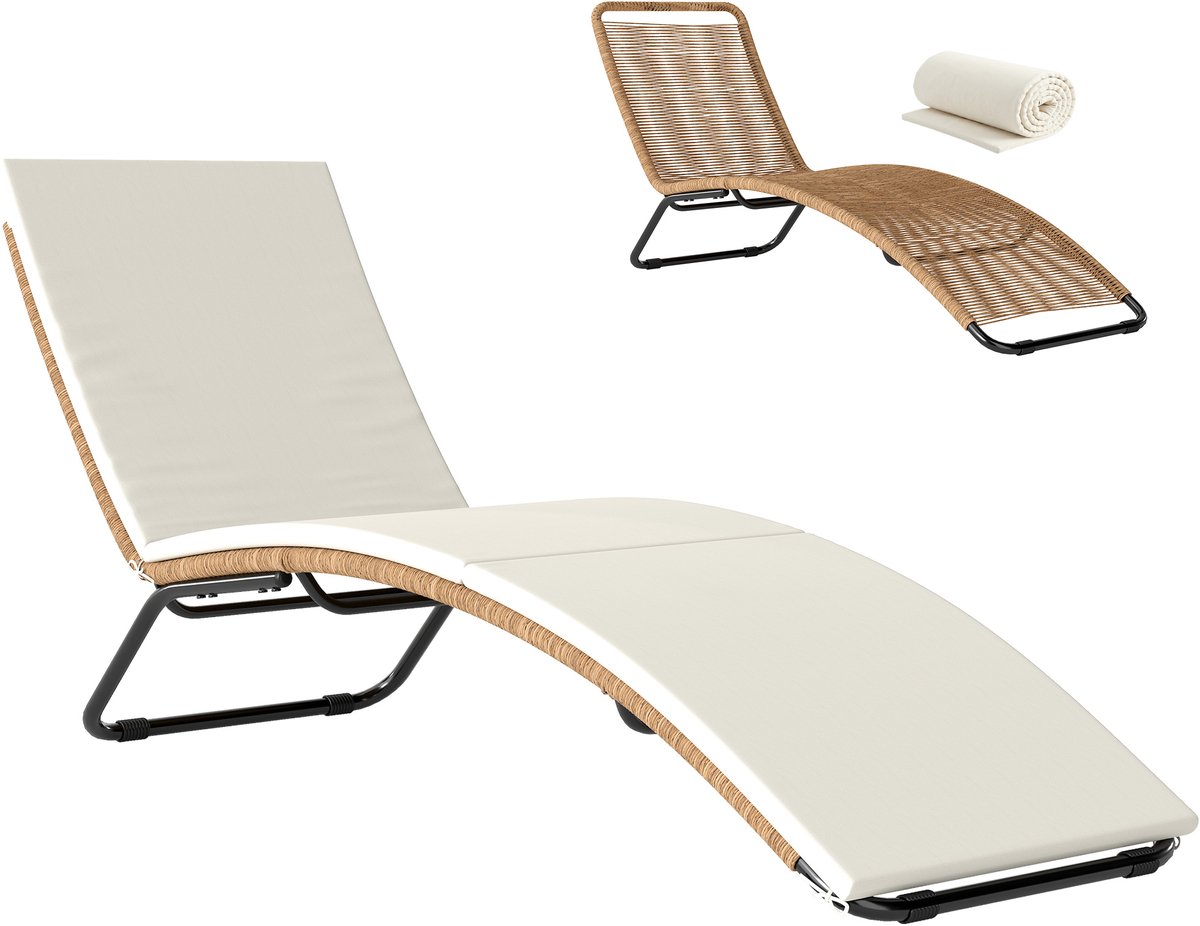 Ligbed - Tuin - Zonnebed - Gevlochten kunststof - Ontwerp met natuurlijke S-vormige welving - stevige stalen frameconstructie - beige kussen