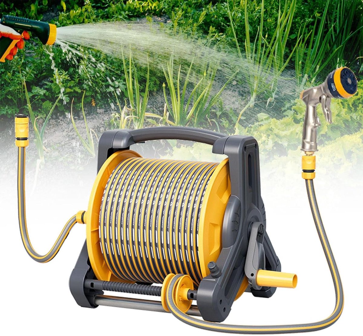 Tuinslang met haspel - Flexibele tuinslang - Tuin besproeien - Automatische oproller - 10m tot 40m - Metaal