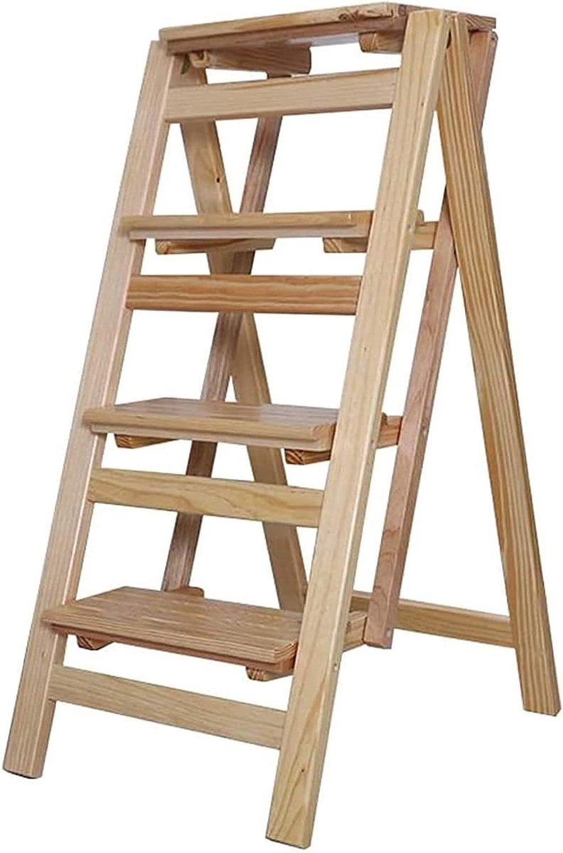 Stapkruk Hout - Krukje Ladder - Hoge Planken Bereiken - Stabiel & Veilig - 4 Treden - Groen
