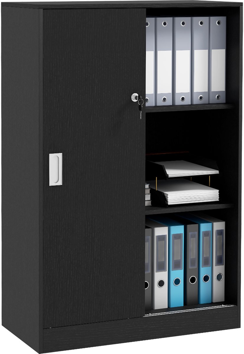 ECTEATOY® Kantoorkast met Schuifdeuren en Slot - Archiefkast met 3 Niveaus - Afsluitbare Boekenkast - 80 x 40 x 120 cm - Zwart
