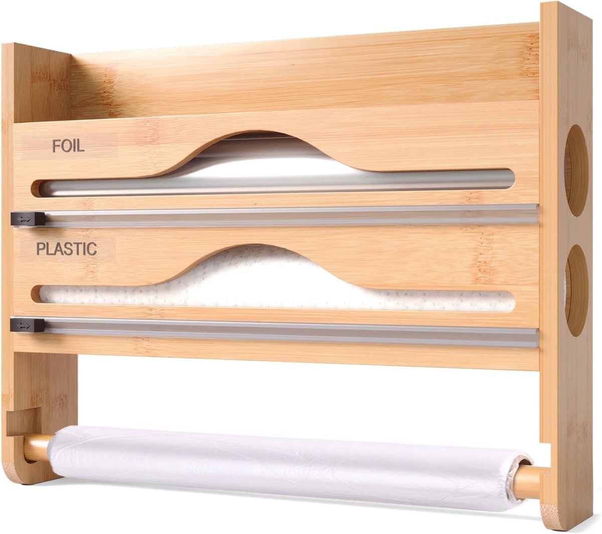 Foliehouder - Naturel - 35,3 x 27 x 7 cm - Houten Keukenorganizer met Foliesnijder - Voor Keukengebruik