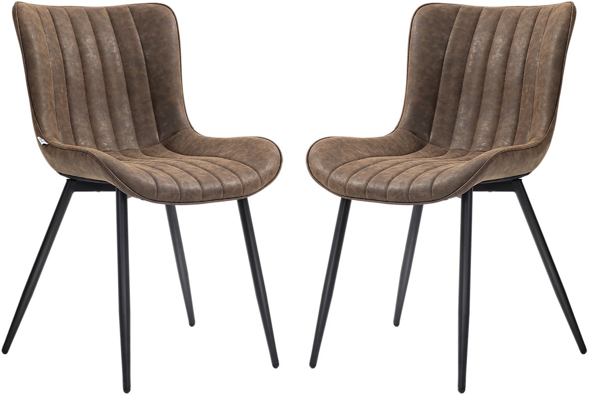 set van 2 stoelen voor de eetkamer met rugleuning en armleuningen, bruine zitting en metalen poten; ideaal voor de keuken, woonkamer of eethoek; comfortabele gestoffeerde stoelen
