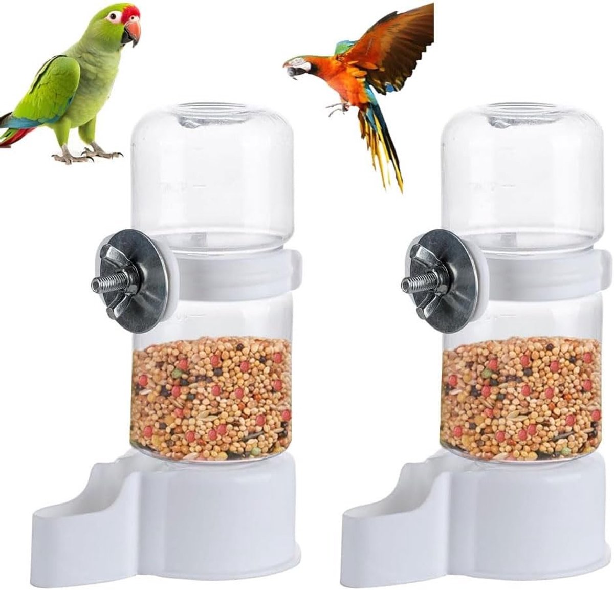 Vogelwaterdispenser en voederdispenser voor vogels, 140 ml, automatische waterfles en accessoires voor vogels, transparant en gebruiksvriendelijk