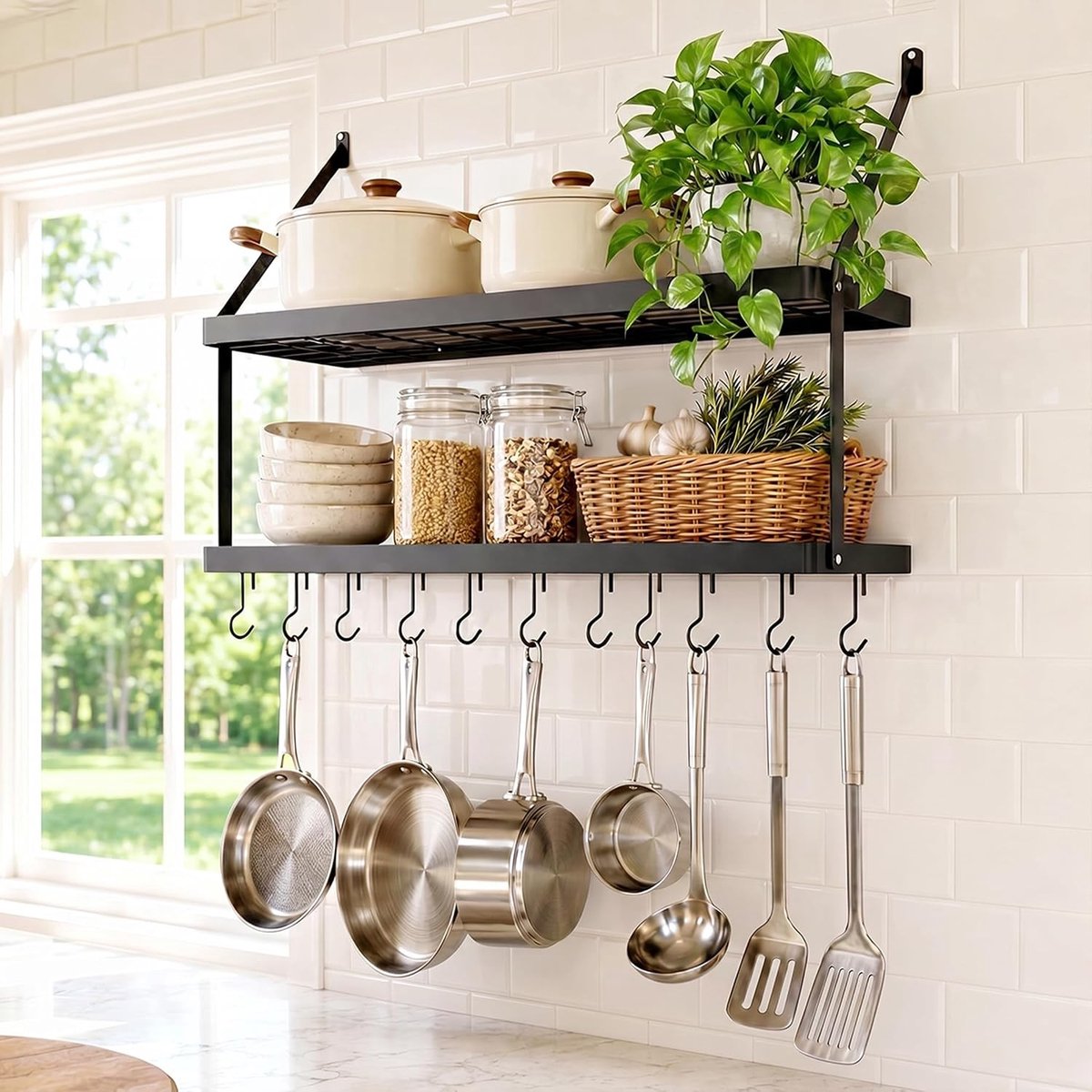 Pannenhouder - Zwart - 75 CM - Wandplank met Haken voor Keukengerei - Voor Keuken en Woonruimtes