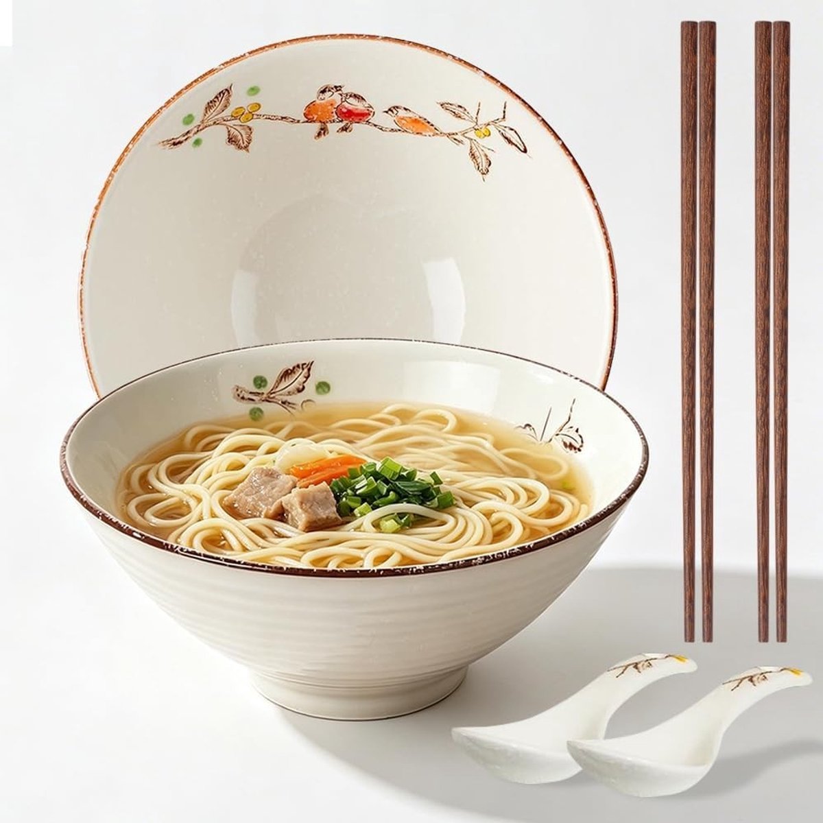 Set van 2 keramische ramen kommen van 1200ml met eetstokjes en lepels, 20cm, magnetron- en vaatwasmachinebestendig voor pasta, soep en salades