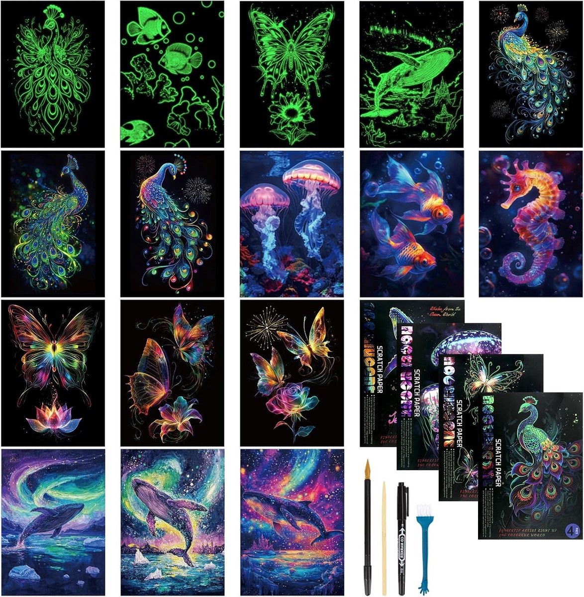 Luminous Scratch Paper A4 - 16 Bladen voor Creatieve DIY Kunst en Ambachten met Zeeleven, Walvis, Vlinder en Pauw Beelden