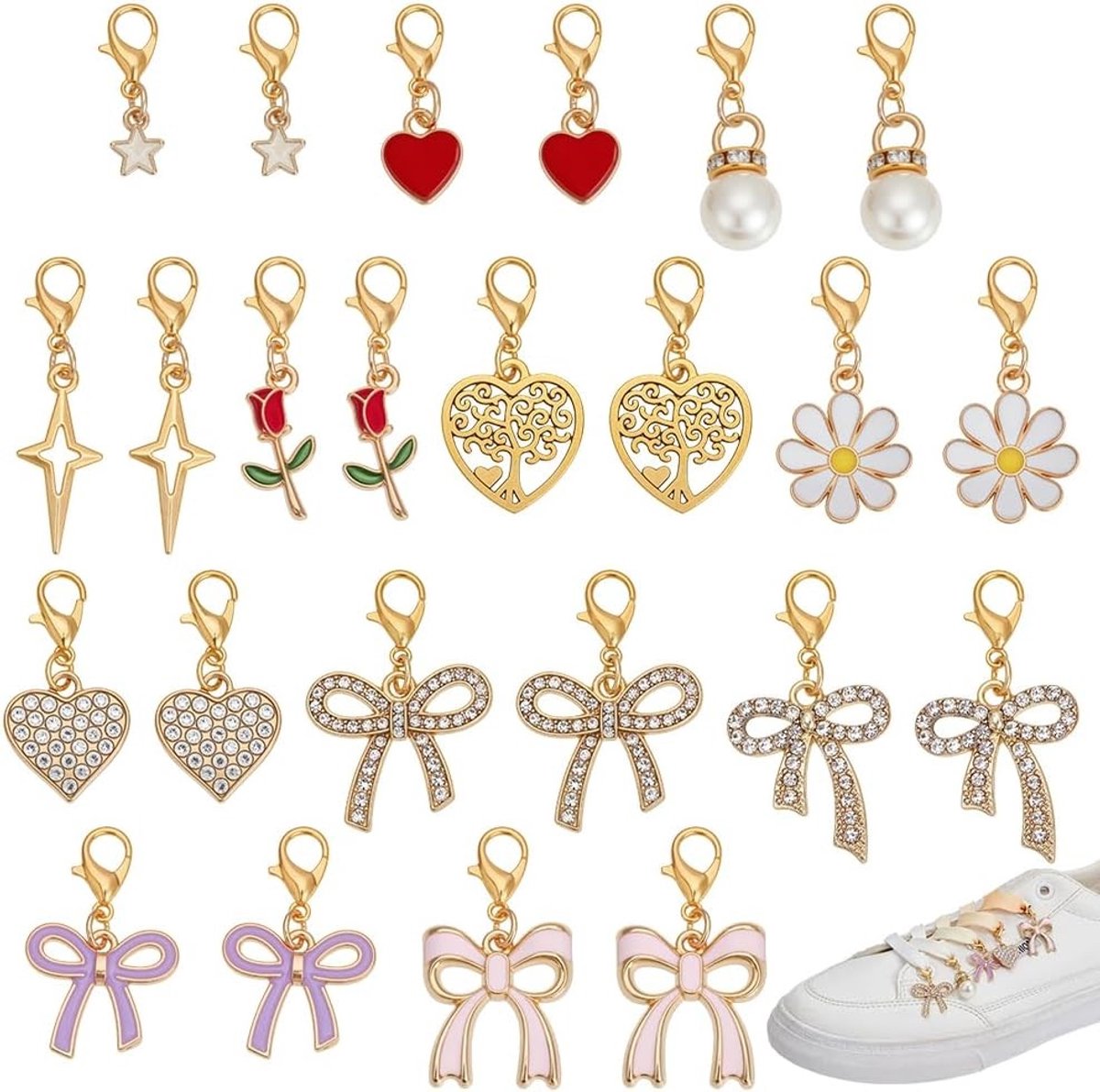 48 Pcs Schoen Charms voor Sneakers, Decoratieve Charms in 12 Stijlen, Inclusief Strik, Bloem en Hart, Perfect voor Canvas Schoenen, Boots en Sleutelhangers