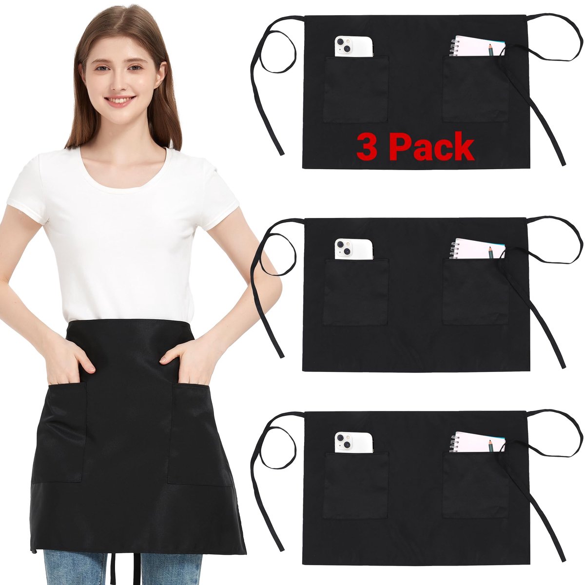 Taille schort 3 pack - zwart met 2 zakken - waterbestendig - ideaal voor restaurants - ShopVlot
