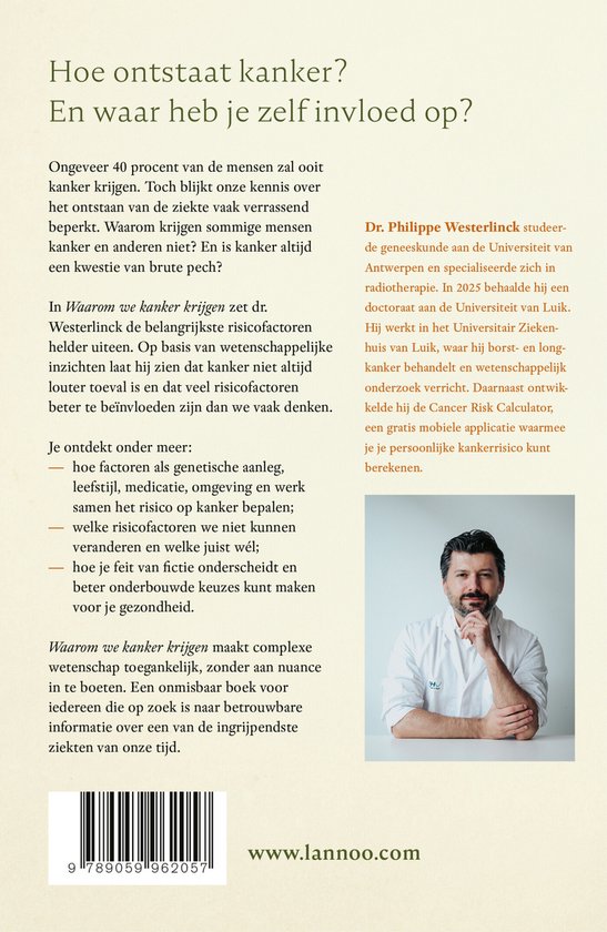 Achterkant van het boek met tekst en een portret van Dr. Philippe Westerlinck.