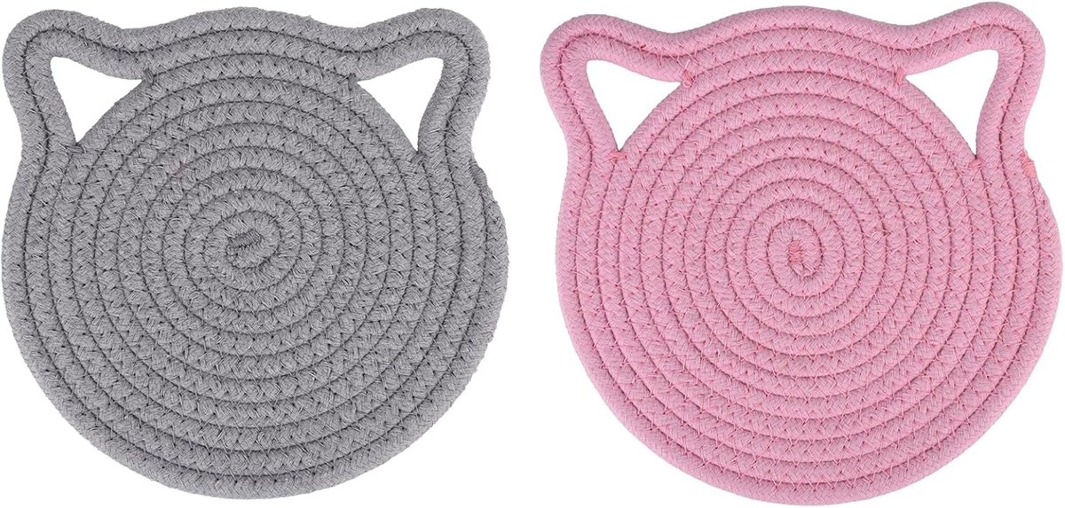 SnelShoppen - 2 Stuks Kat Vormige Hittebestendige Onderzetters, 18cm Roze en Grijs, Schattige Katoenen Coasters voor Keuken en Eettafel