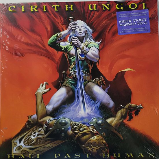 Albumhoes 'Half Past Human' van Cirith Ungol, met een krijger met zwaard en een monster. Vinyl is paars.