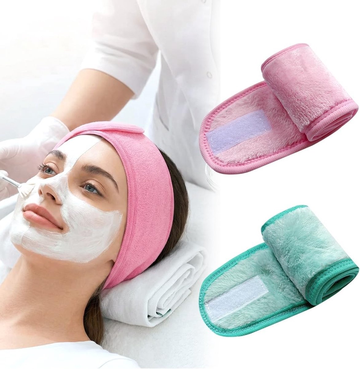 Verstelbare Terry Haarbanden voor Dames - Ideaal voor Make-up, Gezichtsreiniging en Sportactiviteiten (Groen, Roze)