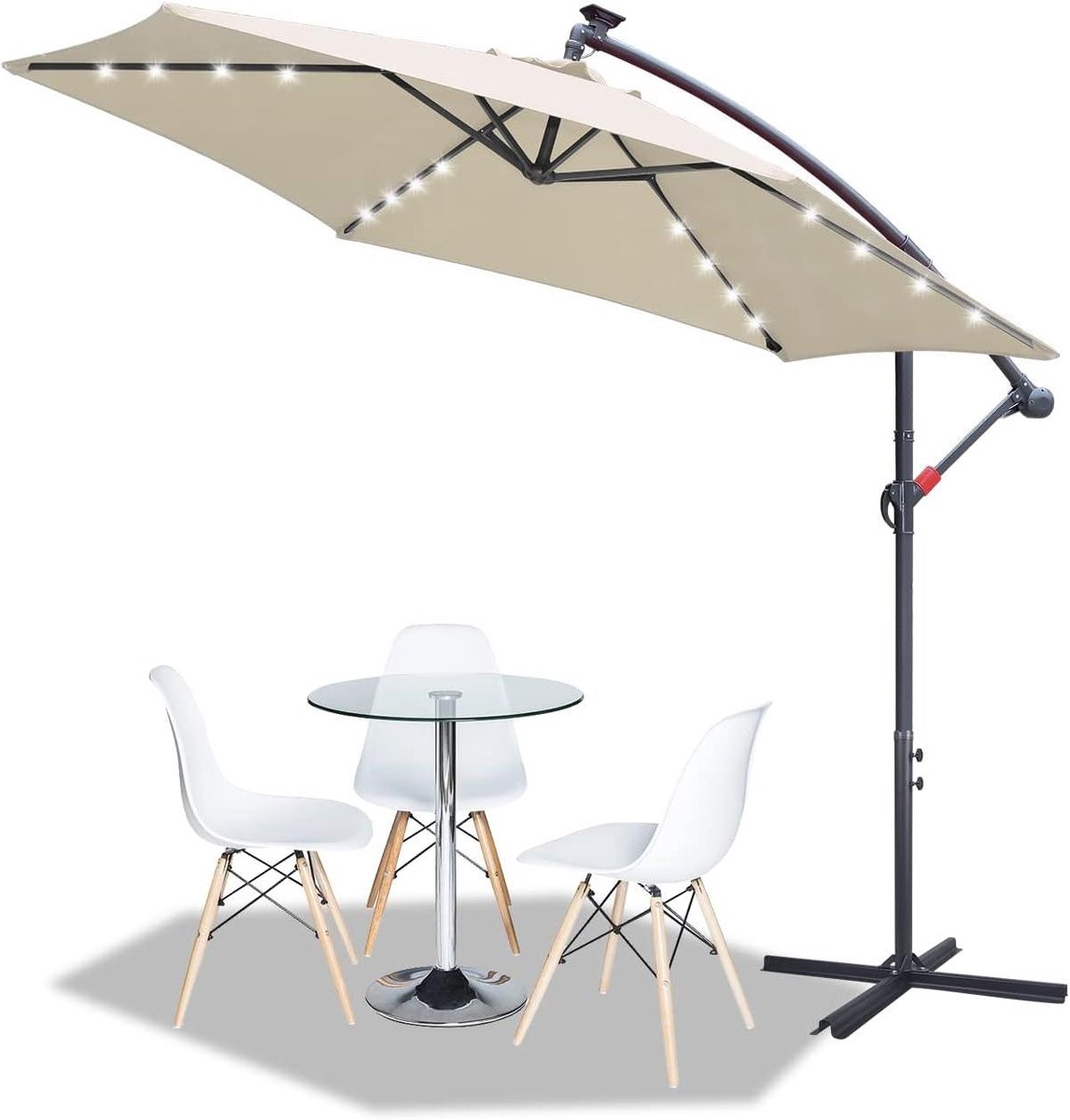 Zweefparasol - Tuinscherm Zonnedak - Buiten Ontspannen - Geïntegreerde LED Verlichting - 350cm Diameter - Beige
