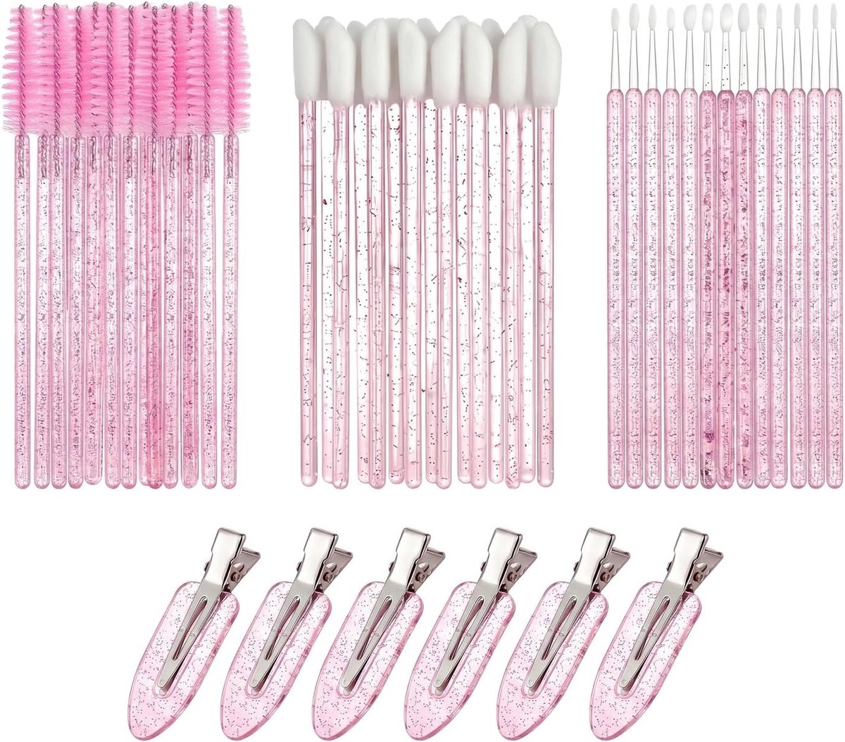 Verpakking met 50 wegwerp mascara applicators, 50 wenkbrauw borstels, 100 micro make-up borstels en 6 haarclips in kristalroze kleur
