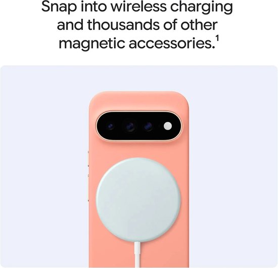 Roze Google Pixel telefoonhoesje met magnetische draadloze oplader en camera-uitsparing.