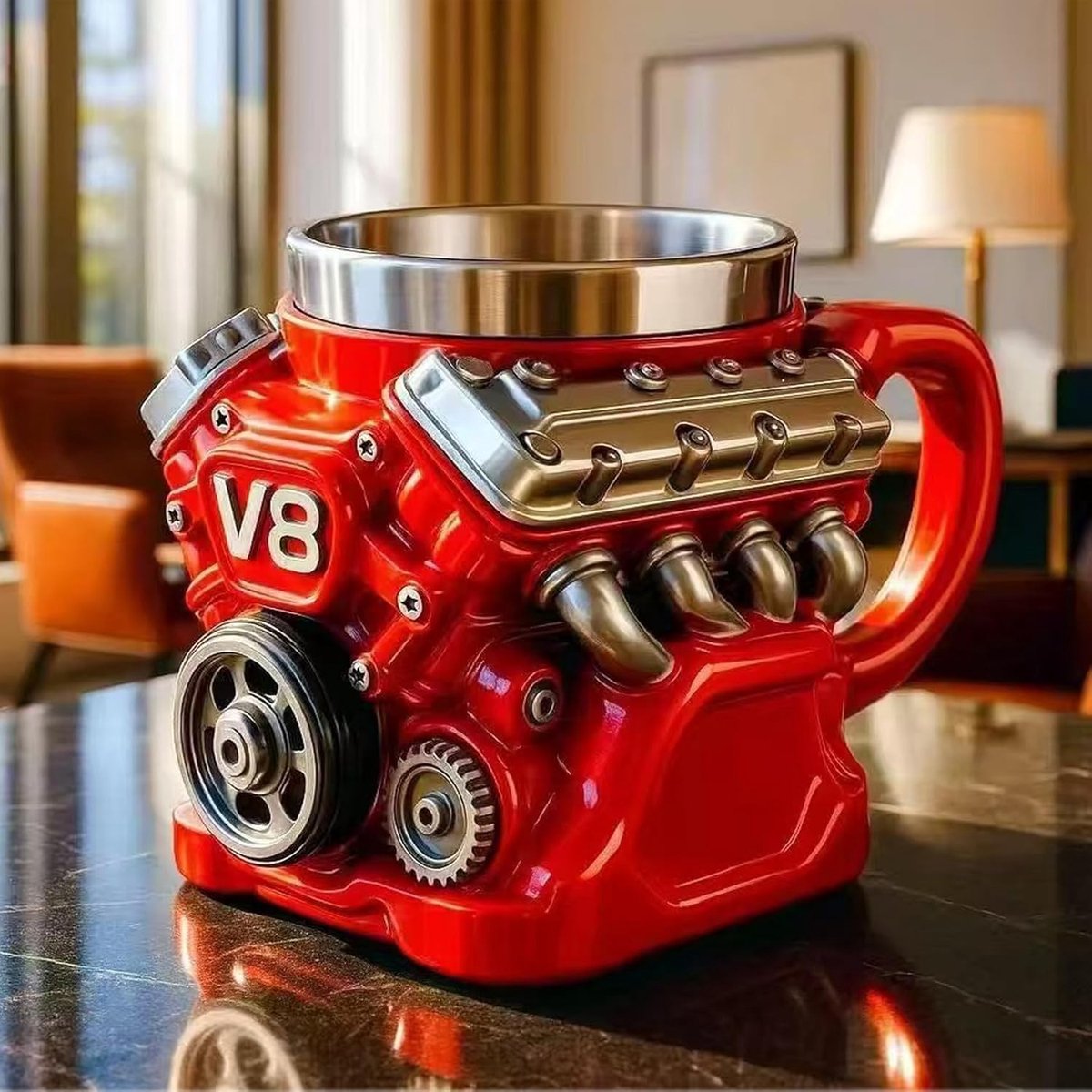 Casalora® Stalen Themacup V8 Motor – RVS Koffiemok met Warmte – isolerend Handvat – Gedetailleerd 3D Motor Ontwerp – kopje – Glas – Ideaal cadeau voor autofans, monteurs en vaders – Rood