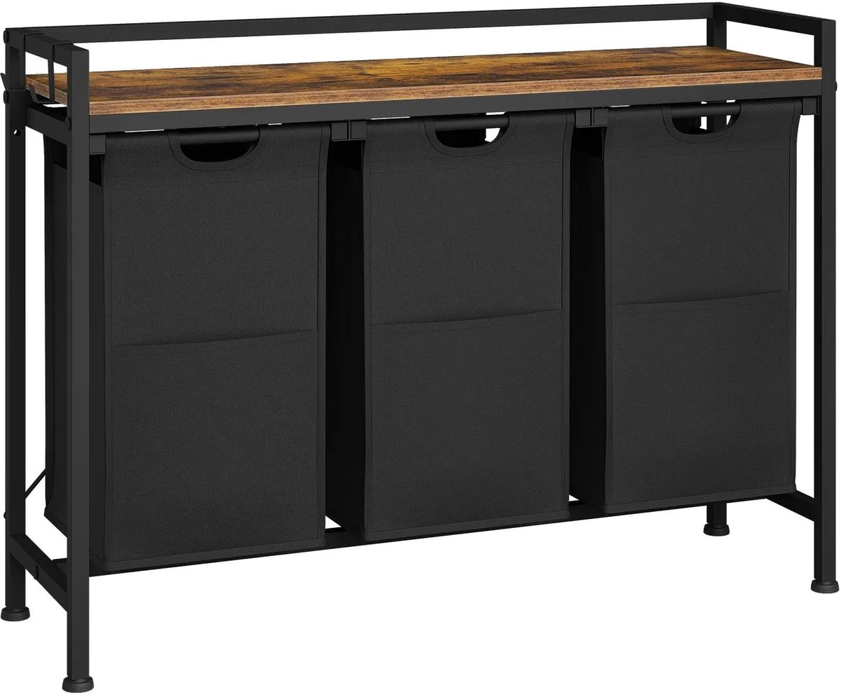 Klarven® Wasmand met uitneembare zakken - 2 of 3 compacte tassen - Stabiel frame, Gemakkelijk schoon te maken - B 70 x D 30 x H 71 cm - Zwart 3 bags 120L