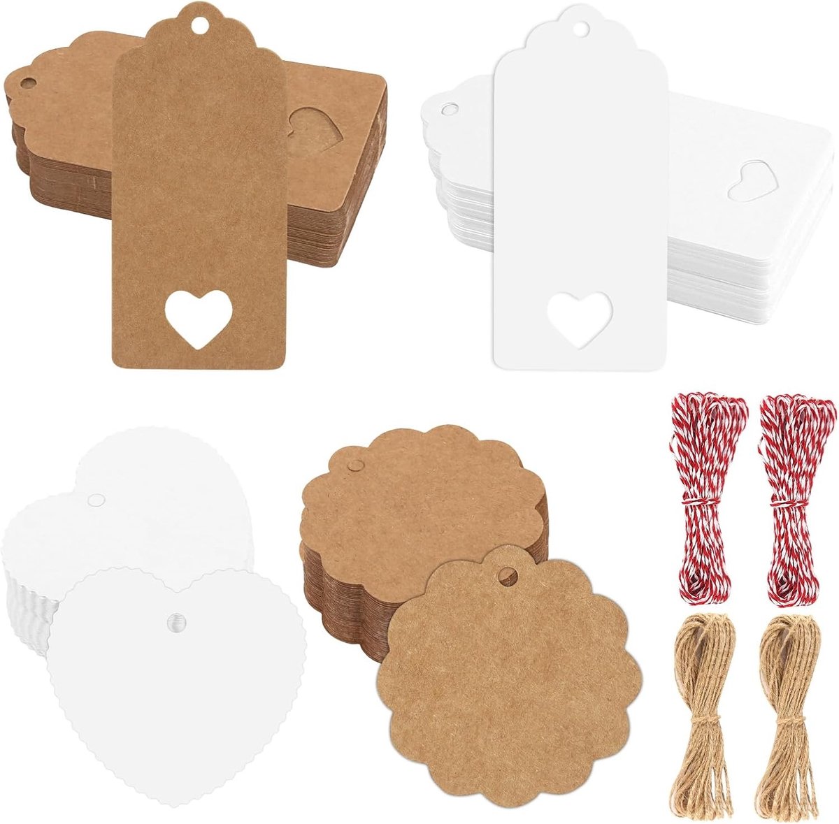Cadeaulabels van Kraftpapier - Bruin/Wit - 400 Stuks met Jute Koord - Duurzame Hangtags voor Diverse Feestelijkheden