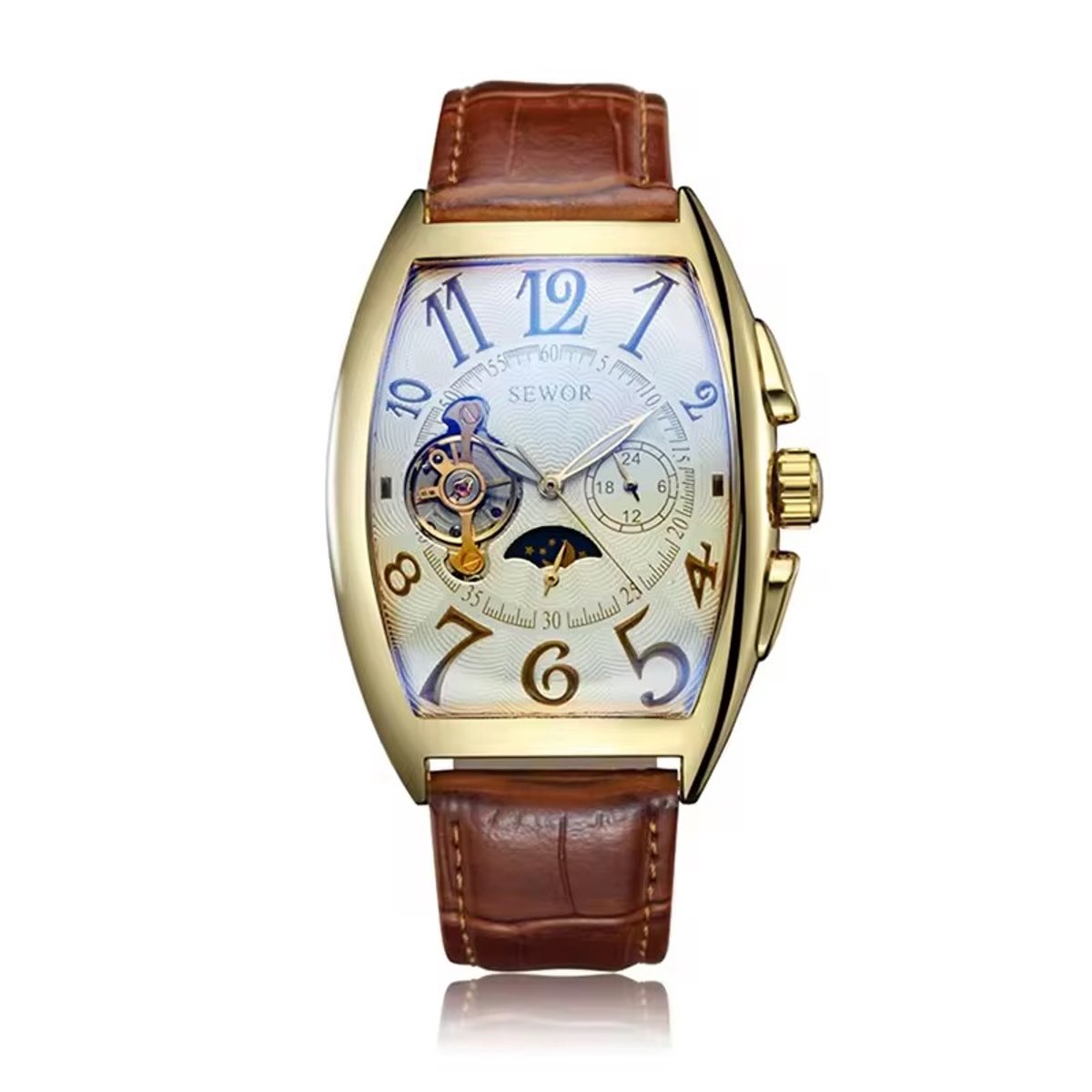 Soraro Automatische Tourbillon Horloge Bruin & Goudkleurig | Waterafstotend | 42mm | Cadeau Giftbox | Leer | Zwarte Band