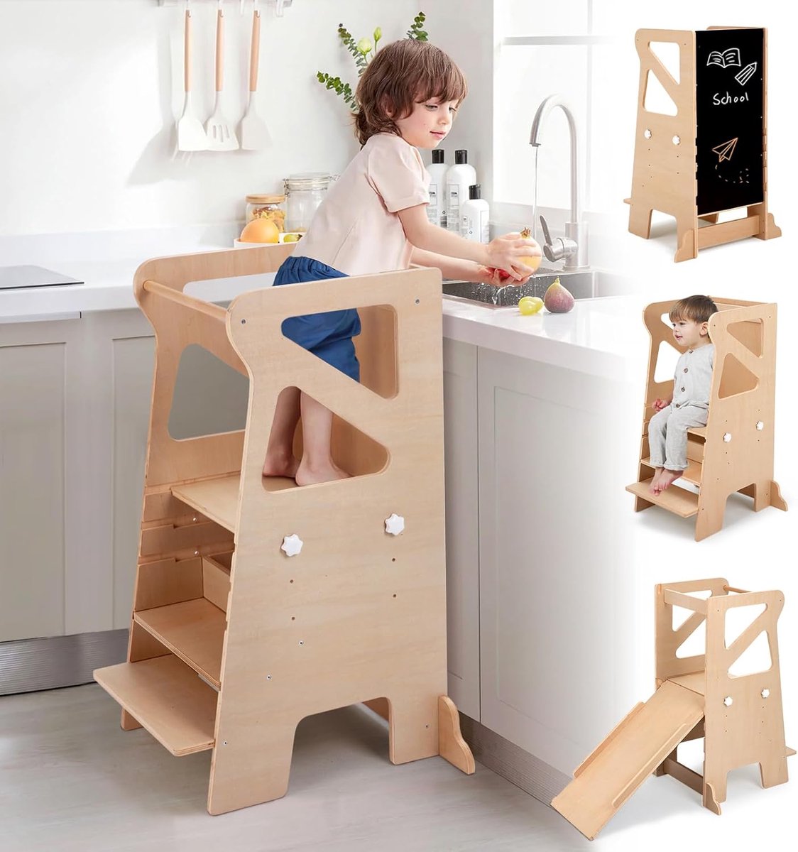 Montessori Leertoren 4-in-1 - Houten Opstapkruk met Glijbaan & Krijtbord - Verstelbaar Keukenhulpje Peuter (1.5-6 Jaar)