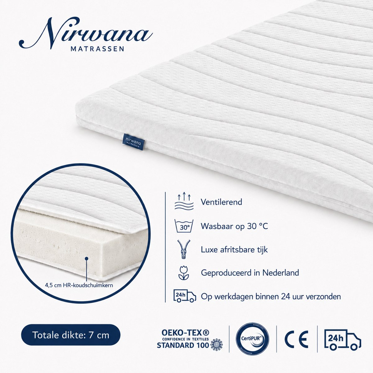 Nirwana Bedden Topper 130x190 - Topmatras - Topdekmatras- 7cm dik - HR Koudschuim - Afritsbaar en wasbaar - CertiPUR® Gecertificeerd - Medium Hardheid - Matrastopper Wit